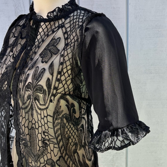 Story On Lace Sheer Balloon Sleeve Blouse Top Short Sleeve Black - Picture 10 of 12